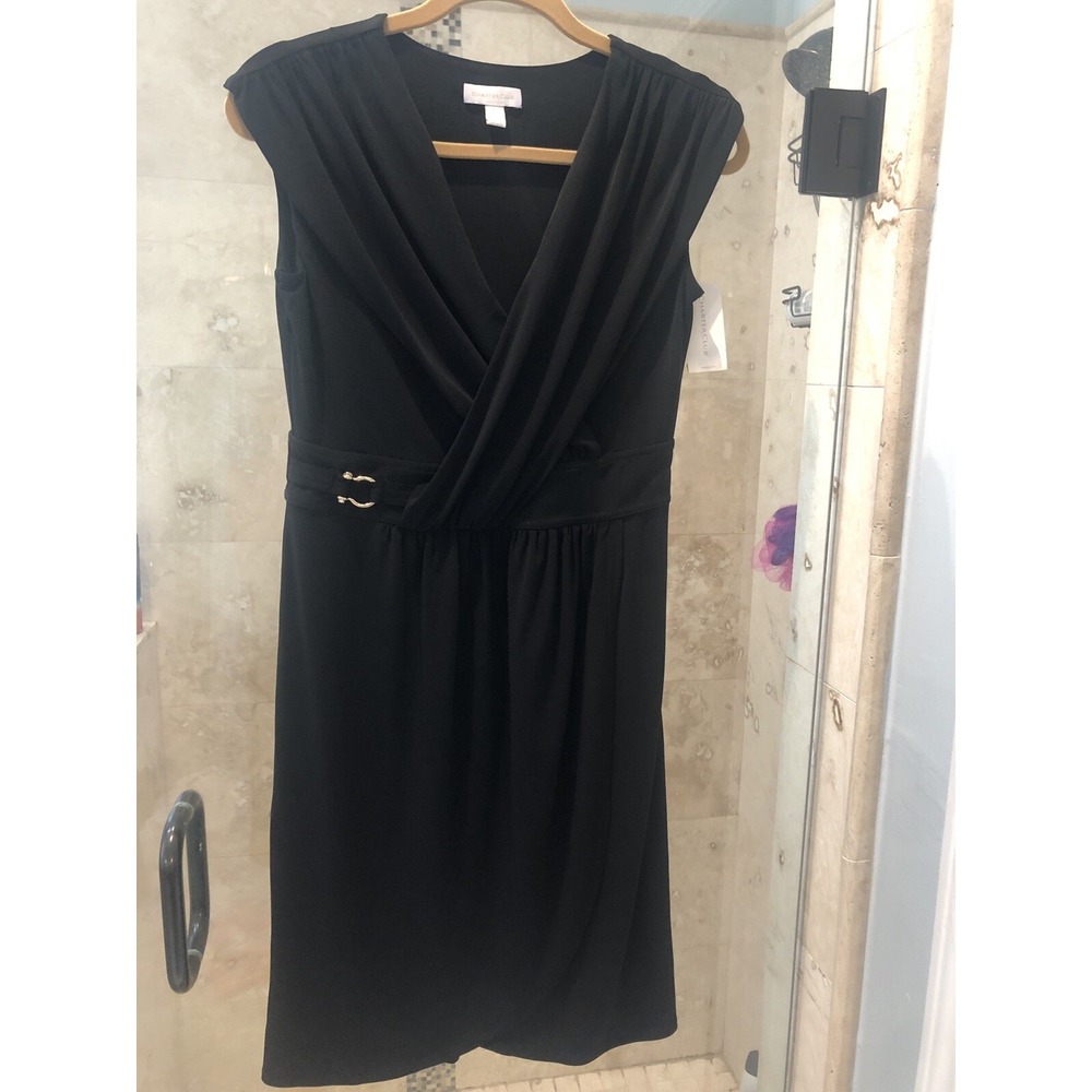 Charter Club Women's Sleeveless V Neck Deep Black Moc Wrap Horse Bit Dress S 6